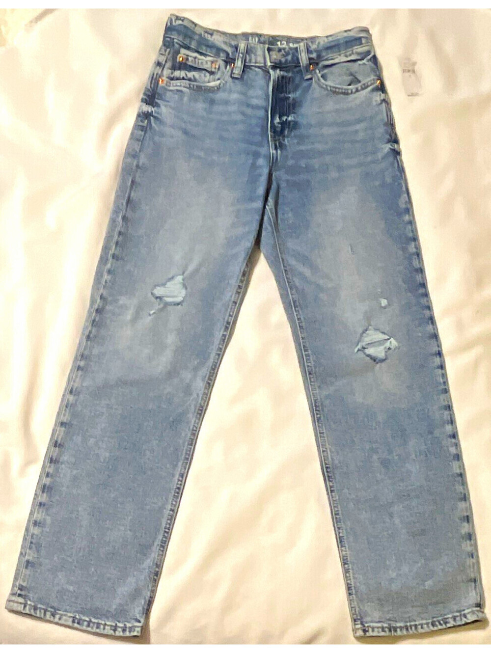 GAP Womens/Teen Loose Fit Light Wash Distressed Straight Denim Jeans 90s Blue